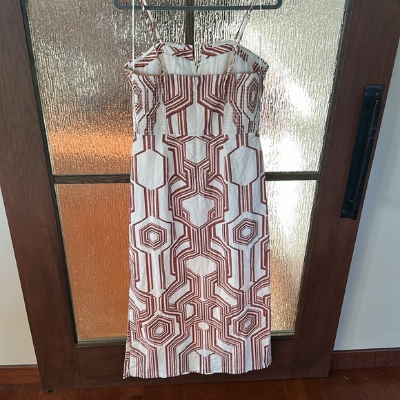 By Anthropologie Strapless Linen Plunge-neck MIDI Dress Size 14 NWT BROWN motif - Picture 15 of 17